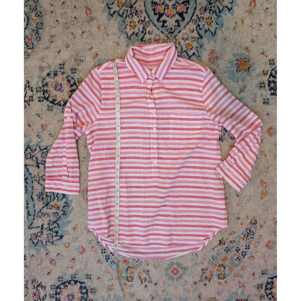 Gap Pink and White Striped Linen Cotton Blend Popover Top w/ Roll Tab Sleeves: S - Picture 8 of 11